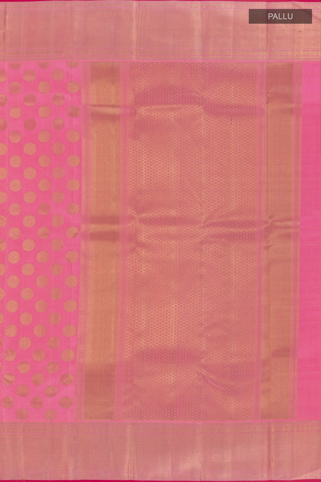 Close up image of the pallu of Pure Silk Pink Kanchipuram Saree with Zari Butta on the body and Zari Border. 