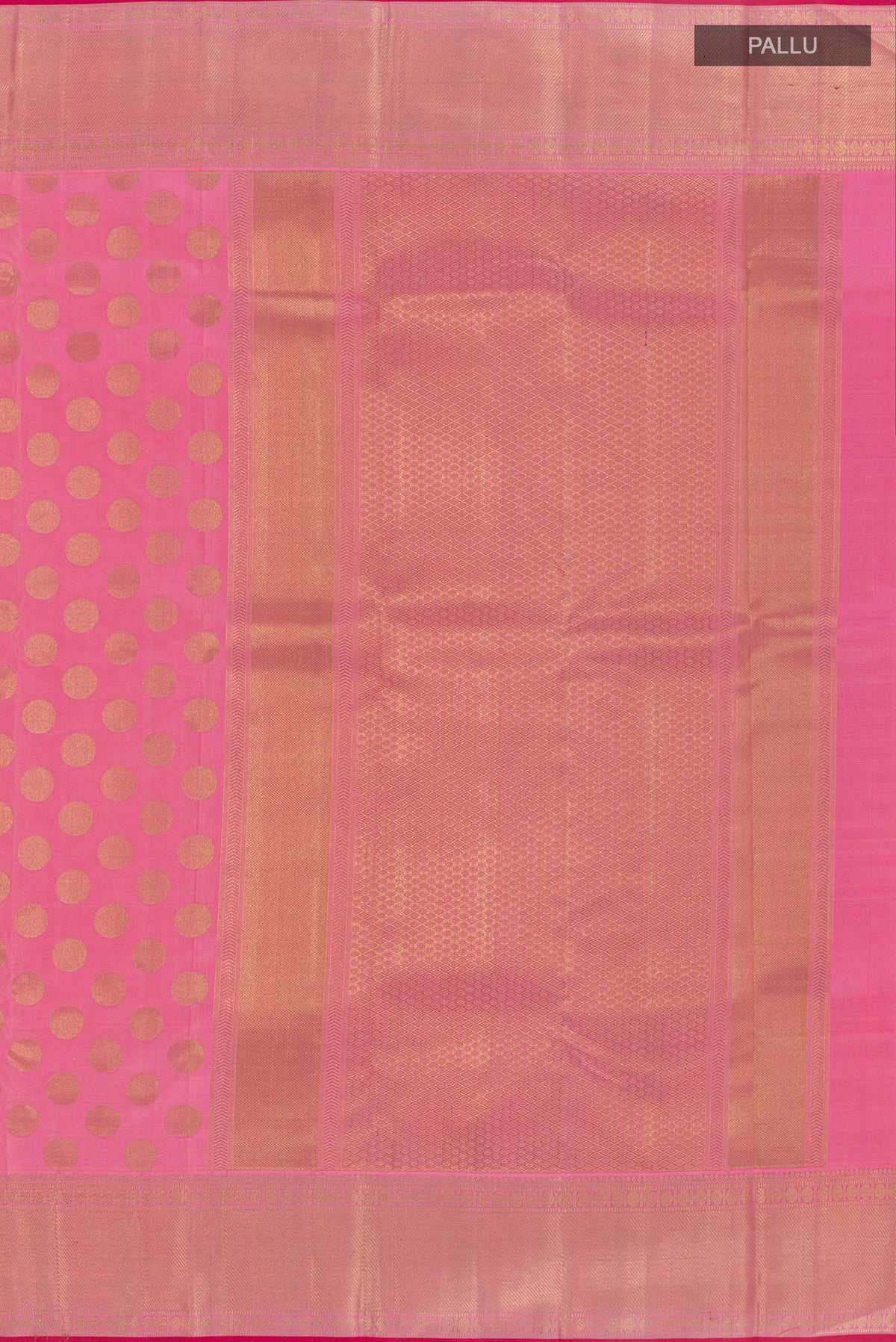 Close up image of the pallu of Pure Silk Pink Kanchipuram Saree with Zari Butta on the body and Zari Border. 