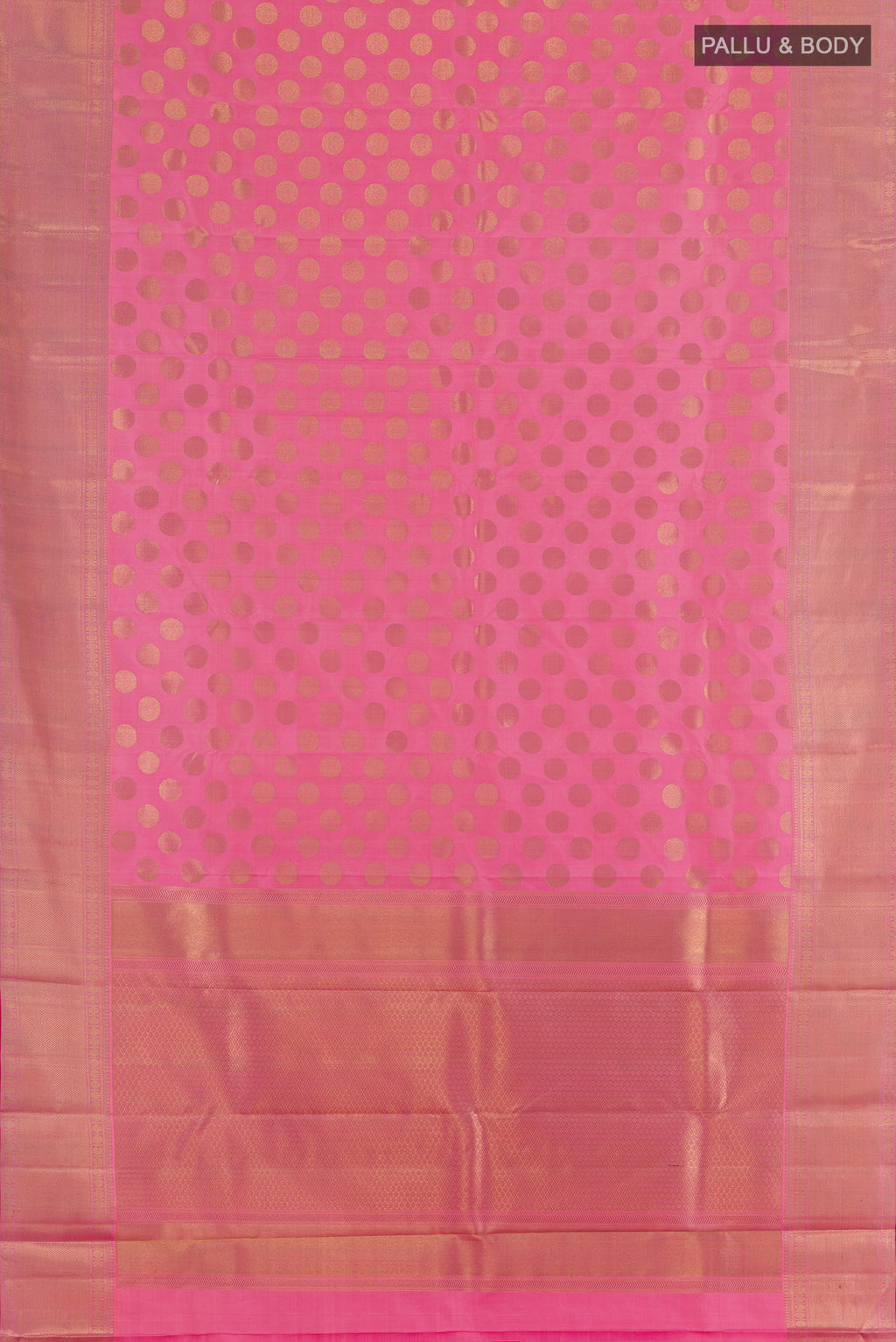 Flat view of Pure Silk Pink Kanchipuram Saree with Zari Butta on the body and Zari Border. 