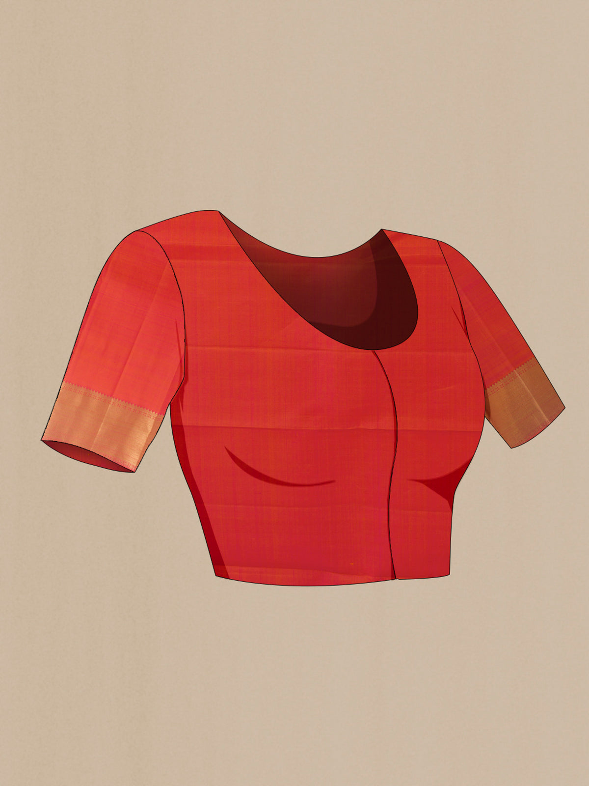Close up image of the blouse of Pure Silk Pure Zari Brick Orange Kanjivaram Saree with Zari Butta on the body and Zari Border. 