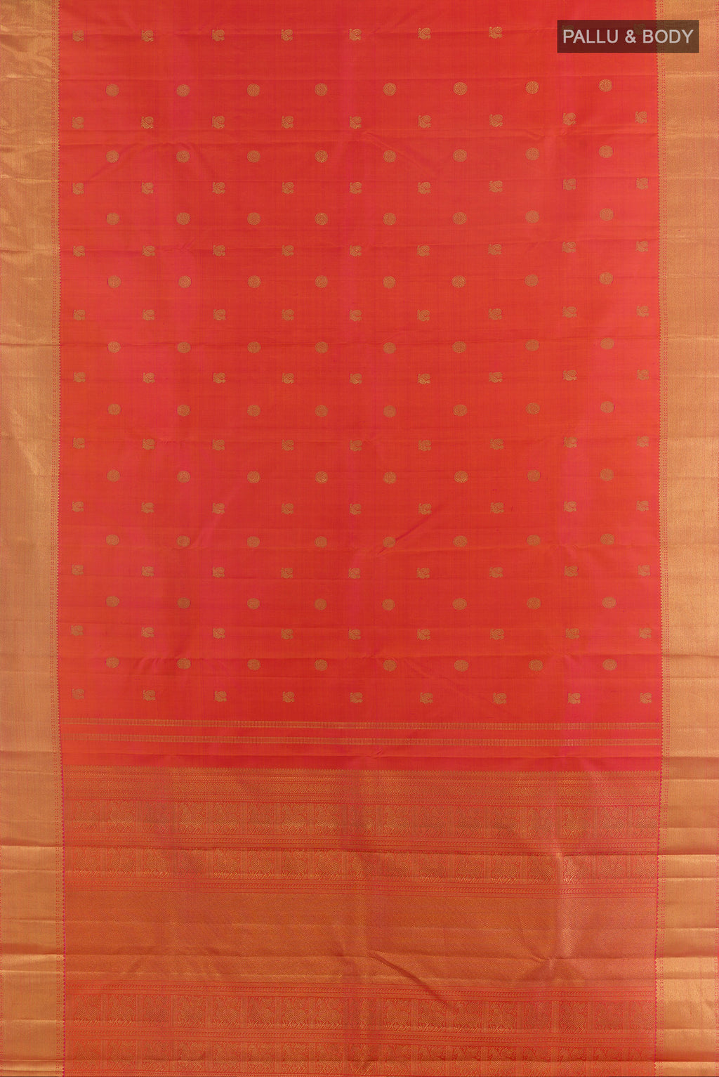 Flat view of Pure Silk Pure Zari Brick Orange Kanjivaram Saree with Zari Butta on the body and Zari Border. 