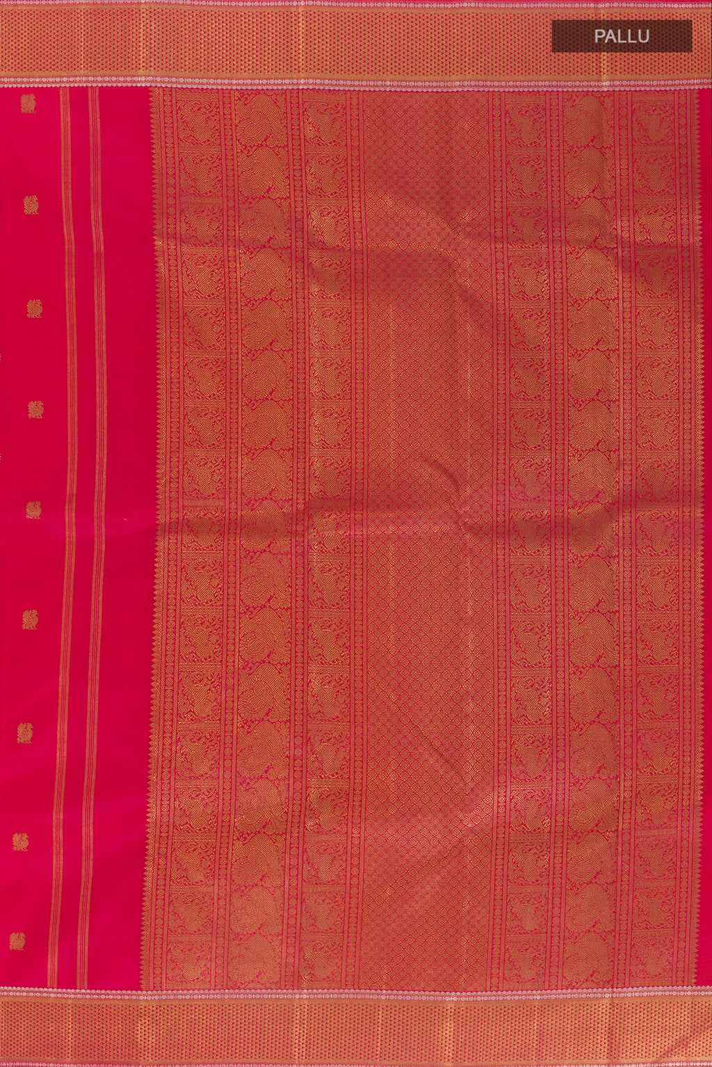 Close up image of the pallu of Pure Silk Pure Zari Pink Kanchipuram Saree with Zari Butta on the body and Zari Border. 