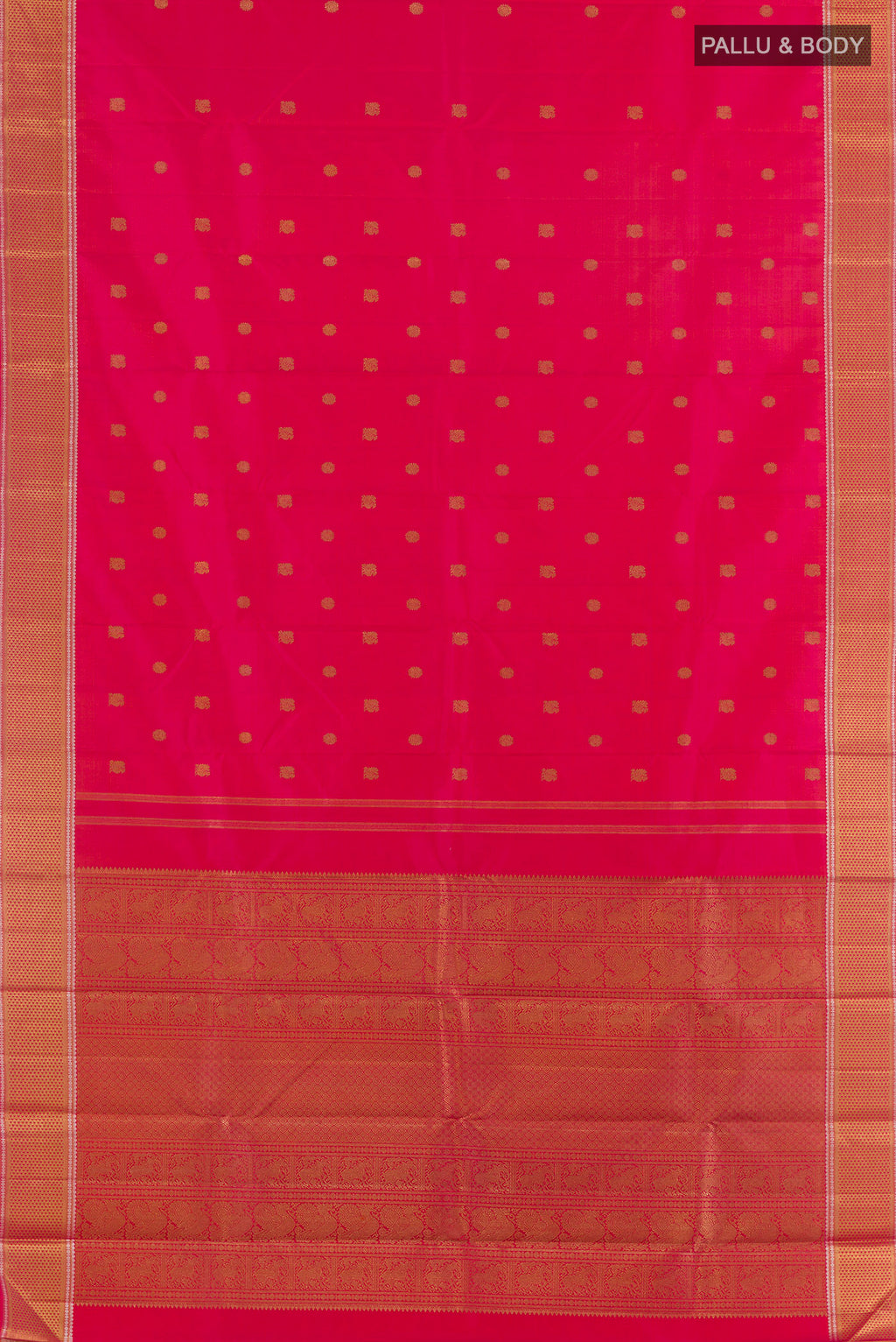 Flat view of Pure Silk Pure Zari Pink Kanchipuram Saree with Zari Butta on the body and Zari Border. 