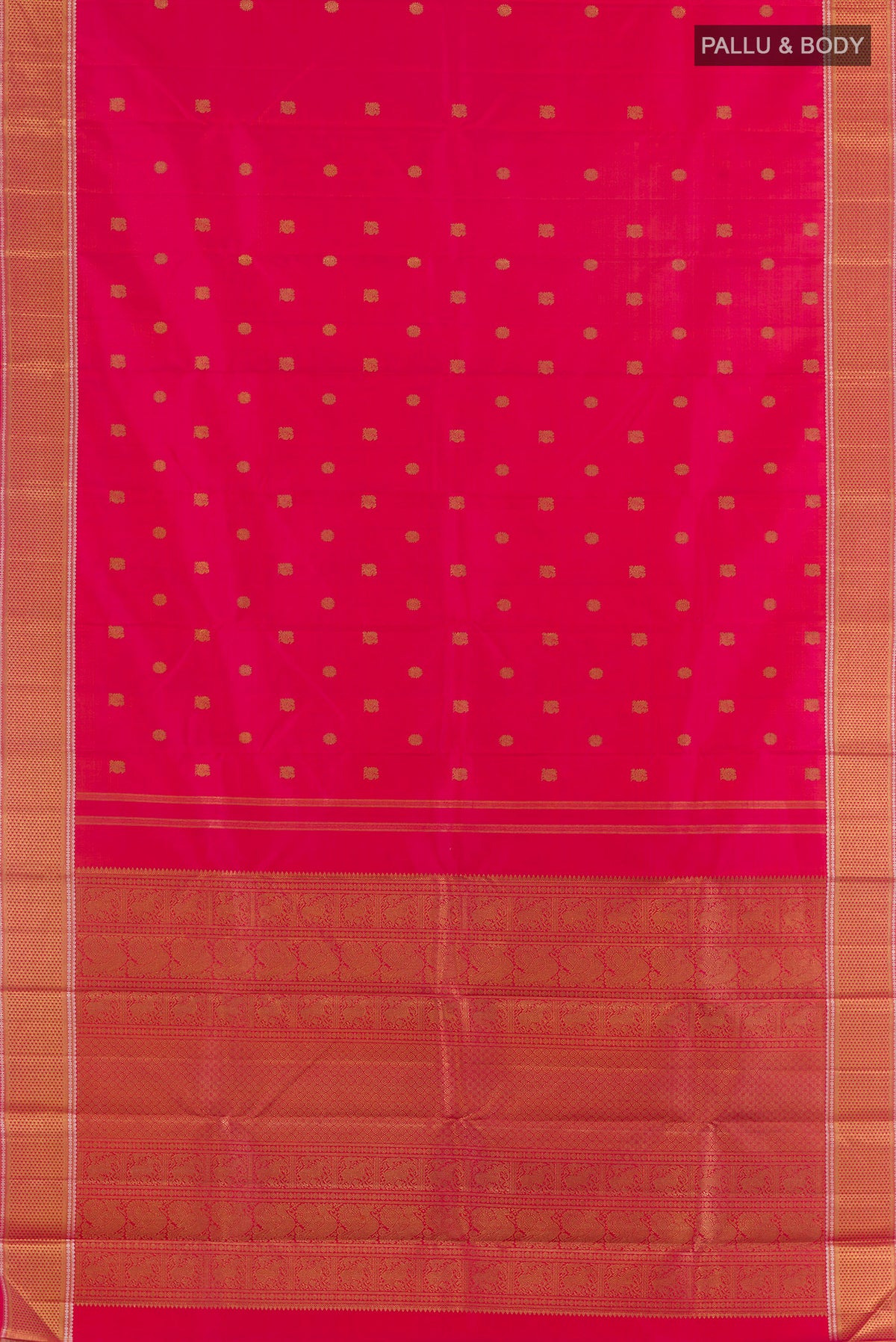 Flat view of Pure Silk Pure Zari Pink Kanchipuram Saree with Zari Butta on the body and Zari Border. 