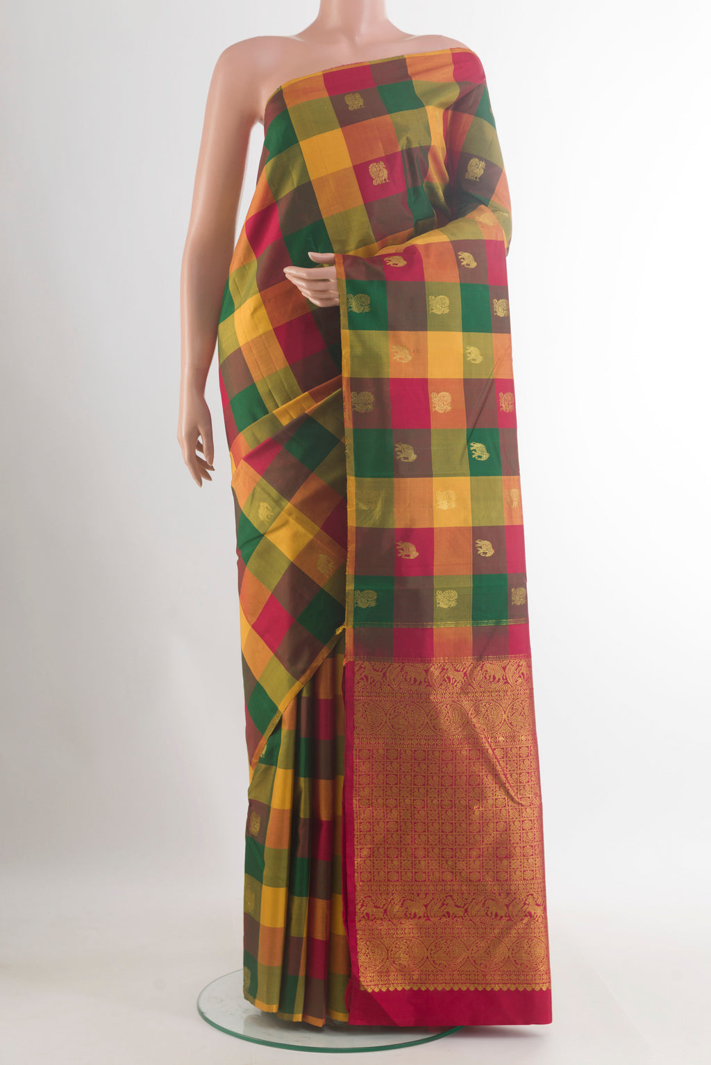 Pure Silk Multi Color Kanjivaram Saree with Checked design on the body and Without Border.  displayed on a mannequin