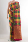 Pure Silk Multi Color Kanjivaram Saree with Checked design on the body and Without Border.  displayed on a mannequin
