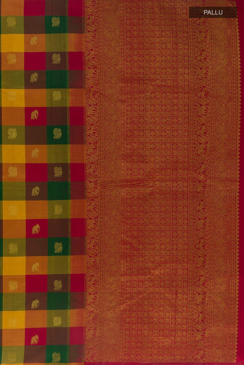 Close up image of the pallu of Pure Silk Multi Color Kanjivaram Saree with Checked design on the body and Without Border. 