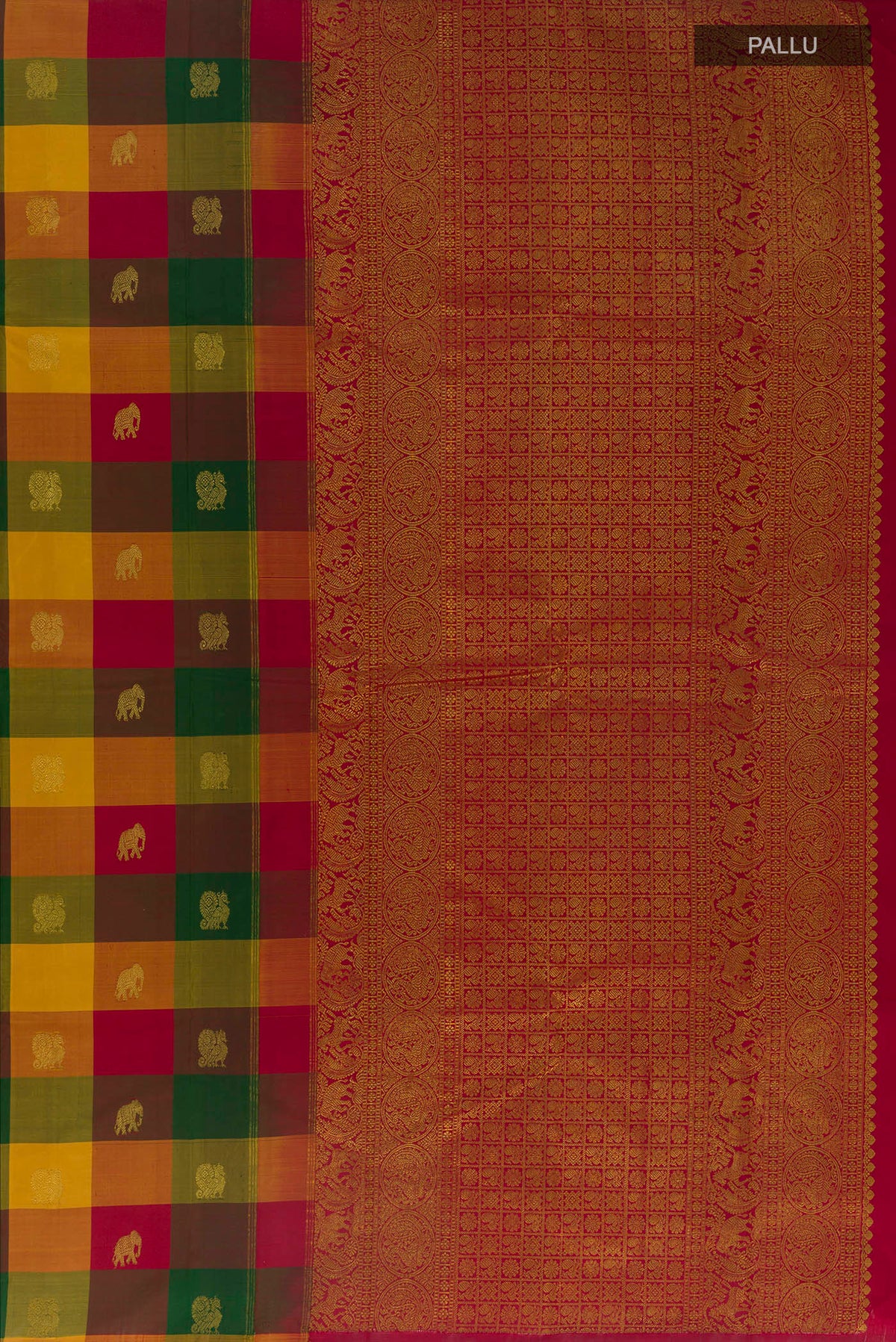 Close up image of the pallu of Pure Silk Multi Color Kanjivaram Saree with Checked design on the body and Without Border. 