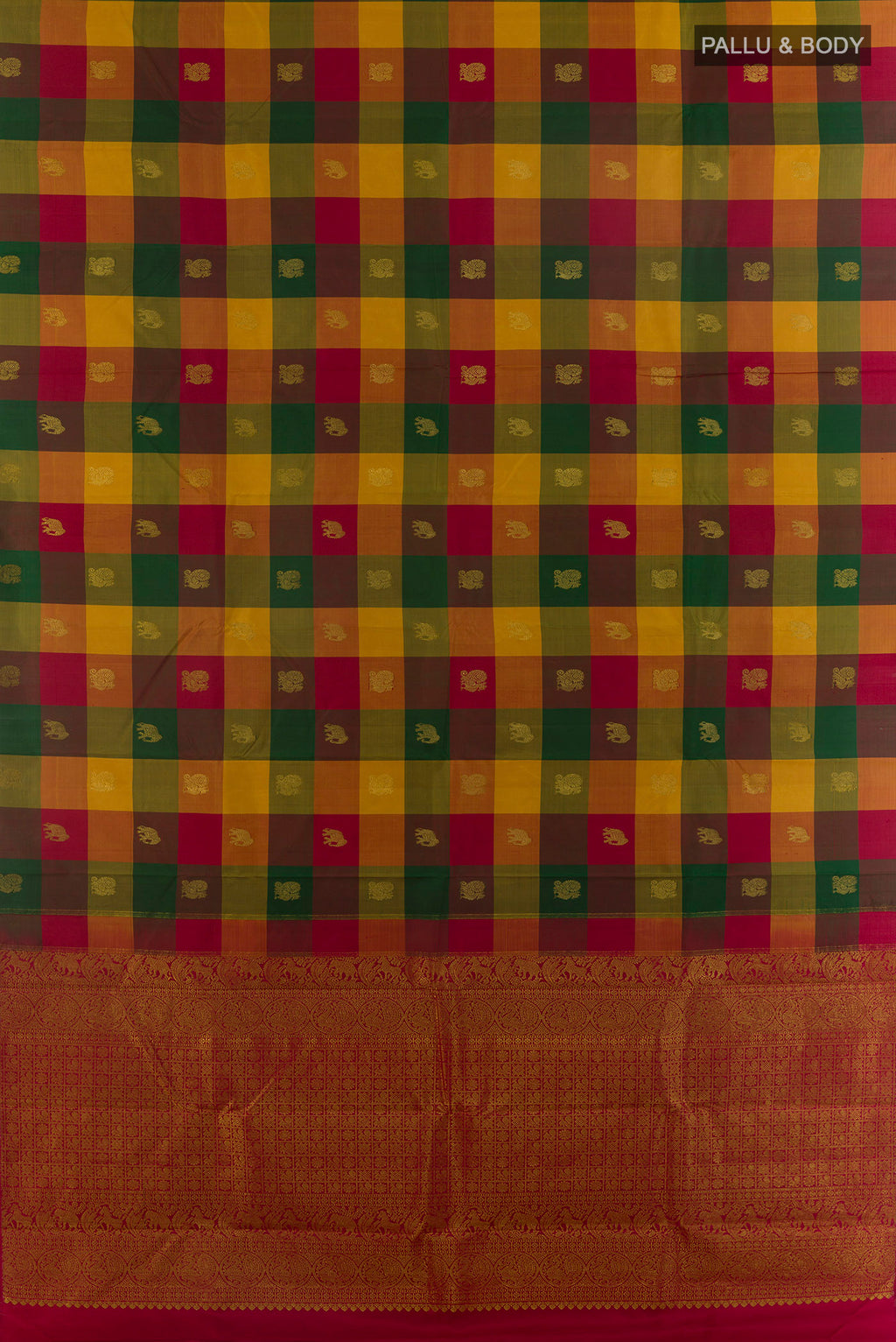 Flat view of Pure Silk Multi Color Kanjivaram Saree with Checked design on the body and Without Border. 