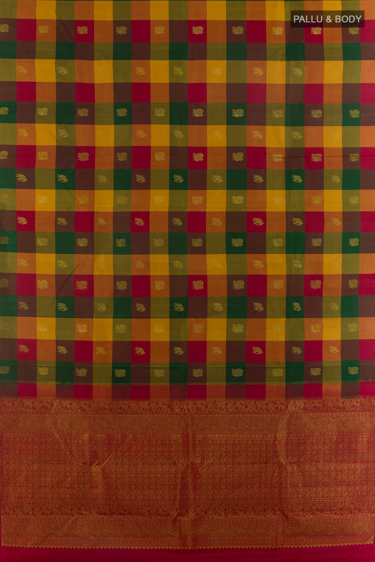 Flat view of Pure Silk Multi Color Kanjivaram Saree with Checked design on the body and Without Border. 