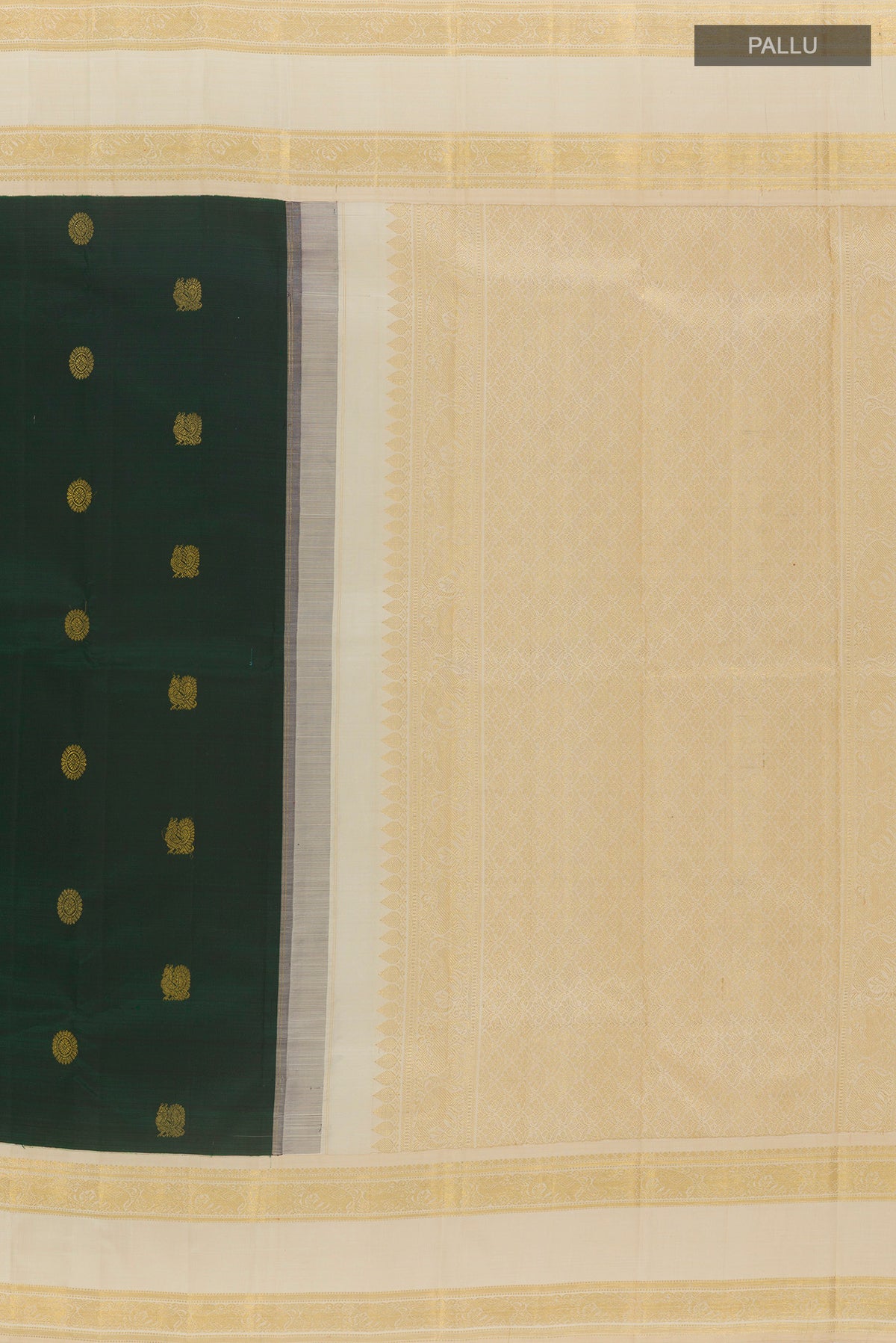 Close up image of the pallu of Pure Silk Pure Zari Bottle Green Kanjivaram Saree with Zari Butta on the body and Zari Border. 