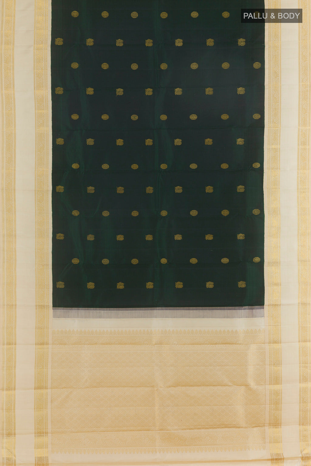 Flat view of Pure Silk Pure Zari Bottle Green Kanjivaram Saree with Zari Butta on the body and Zari Border. 