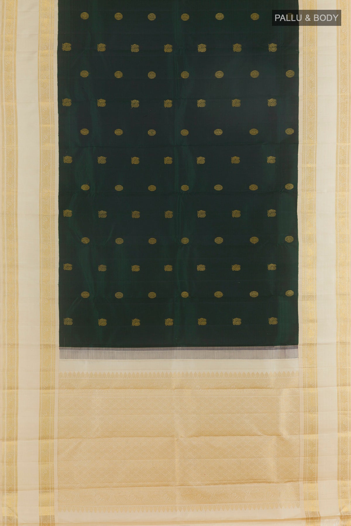 Flat view of Pure Silk Pure Zari Bottle Green Kanjivaram Saree with Zari Butta on the body and Zari Border. 