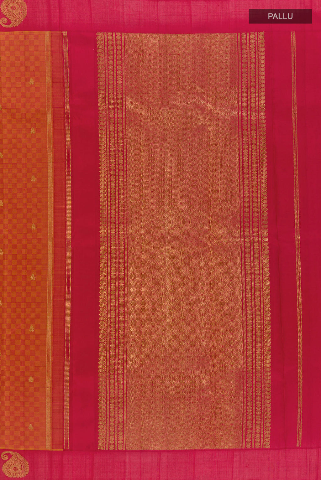 Close up image of the pallu of Pure Silk Pure Zari Rust Kanchipuram Saree with Jacquard With Zari Butta on the body and Zari Border. 