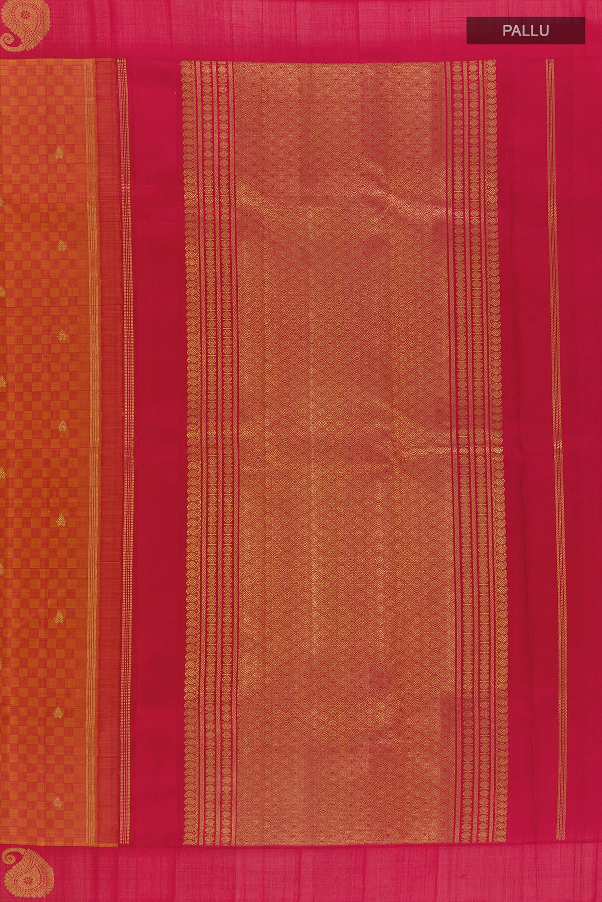 Close up image of the pallu of Pure Silk Pure Zari Rust Kanchipuram Saree with Jacquard With Zari Butta on the body and Zari Border. 
