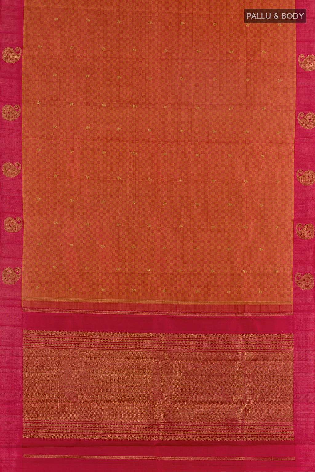Flat view of Pure Silk Pure Zari Rust Kanchipuram Saree with Jacquard With Zari Butta on the body and Zari Border. 