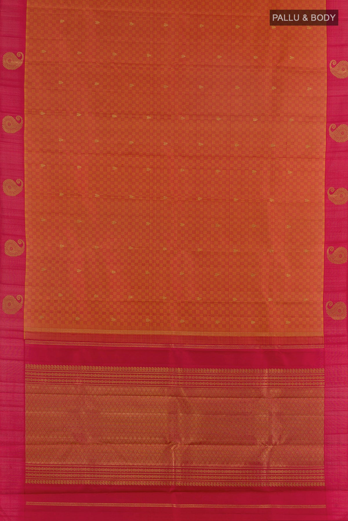 Flat view of Pure Silk Pure Zari Rust Kanchipuram Saree with Jacquard With Zari Butta on the body and Zari Border. 