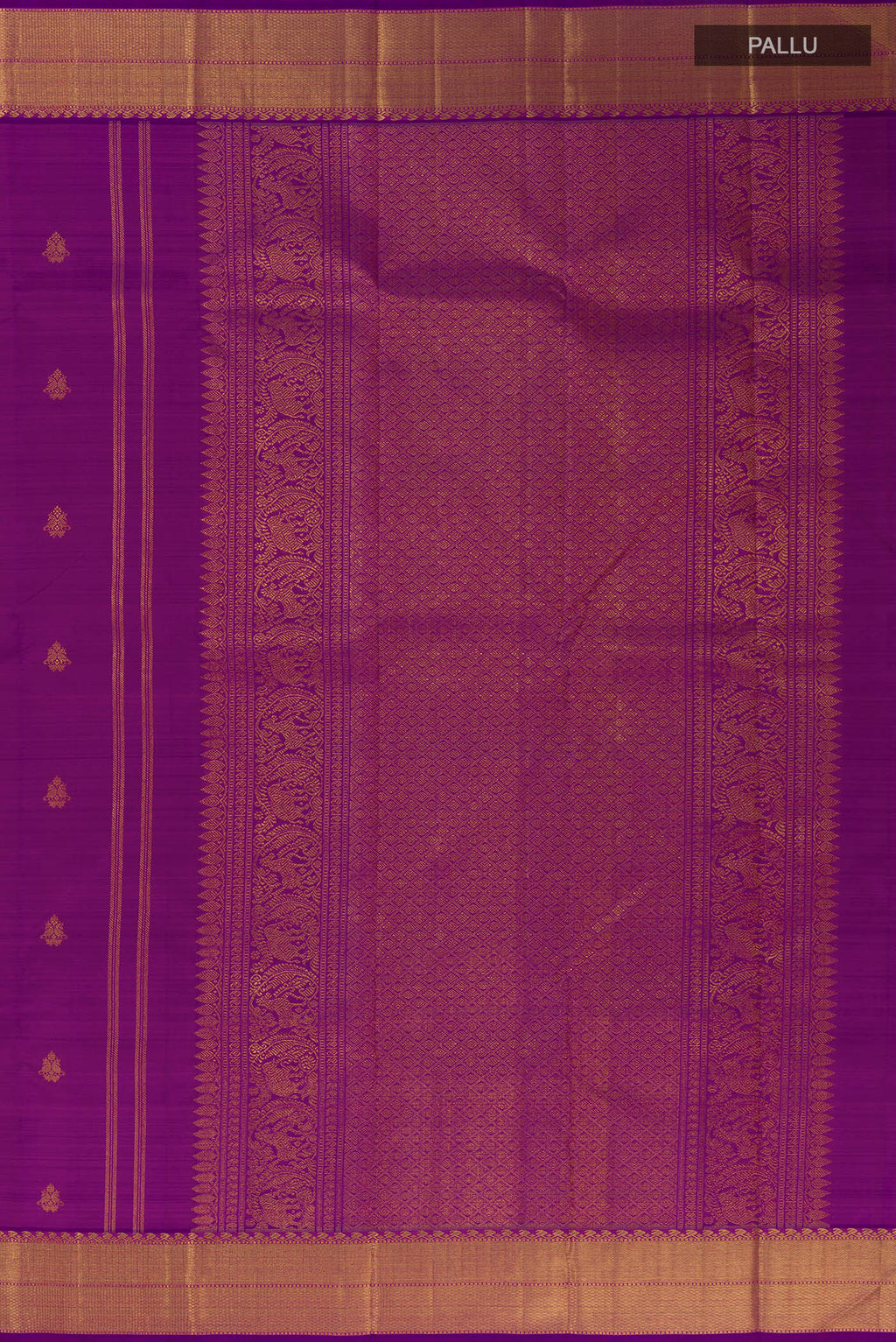 Close up image of the pallu of Pure Silk Pure Zari Purple Kanjivaram Saree with Zari Butta on the body and Zari Border. 