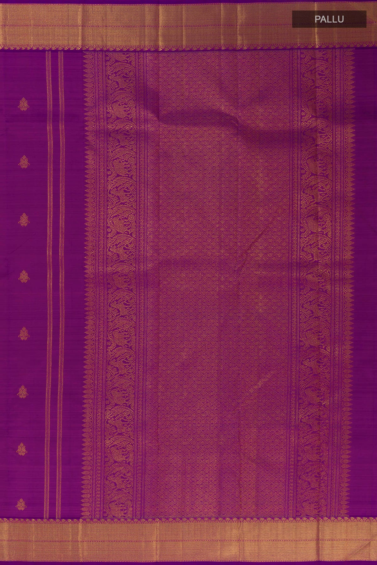Close up image of the pallu of Pure Silk Pure Zari Purple Kanjivaram Saree with Zari Butta on the body and Zari Border. 
