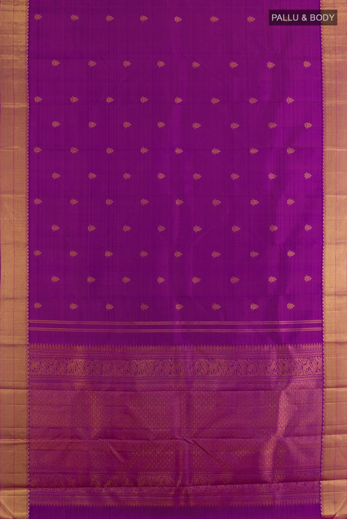 Flat view of Pure Silk Pure Zari Purple Kanjivaram Saree with Zari Butta on the body and Zari Border. 
