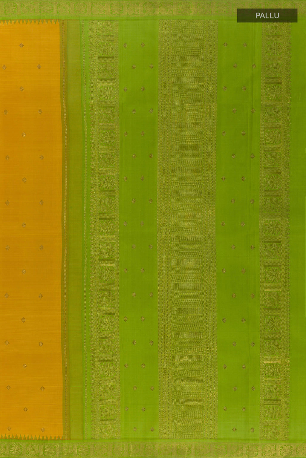Close up image of the pallu of Pure Silk Pure Zari Yellow Kanjivaram Saree with Zari Butta on the body and Zari Border. 