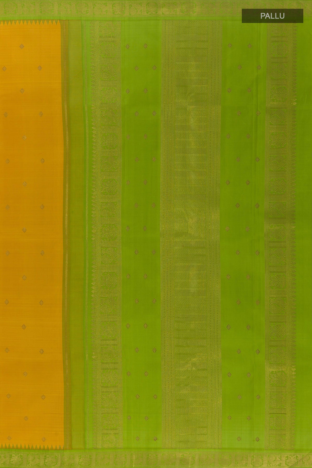 Close up image of the pallu of Pure Silk Pure Zari Yellow Kanjivaram Saree with Zari Butta on the body and Zari Border. 