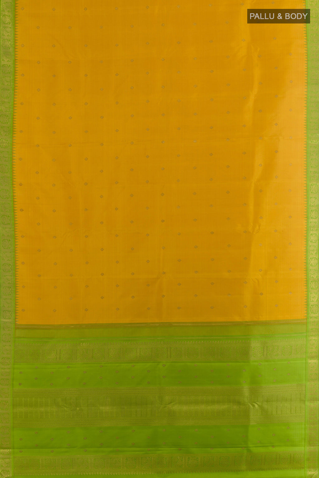 Flat view of Pure Silk Pure Zari Yellow Kanjivaram Saree with Zari Butta on the body and Zari Border. 
