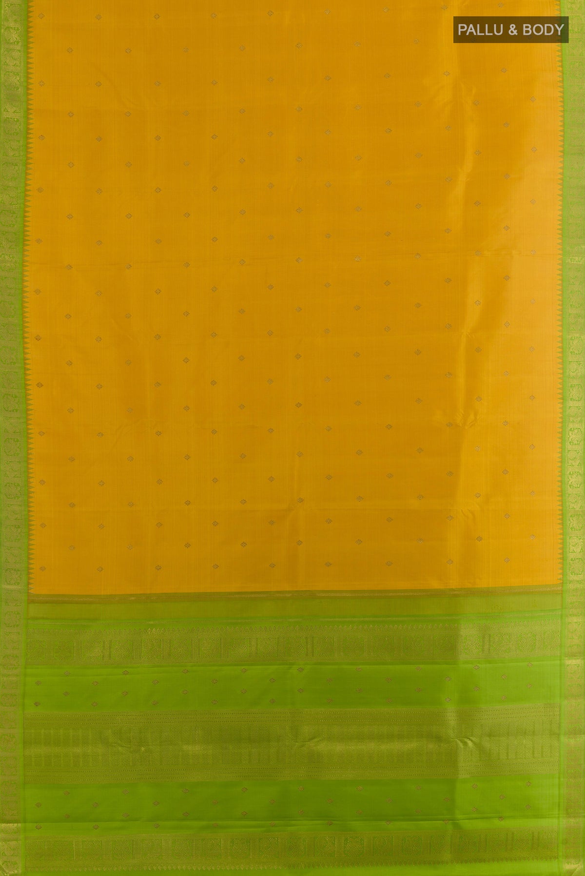 Flat view of Pure Silk Pure Zari Yellow Kanjivaram Saree with Zari Butta on the body and Zari Border. 