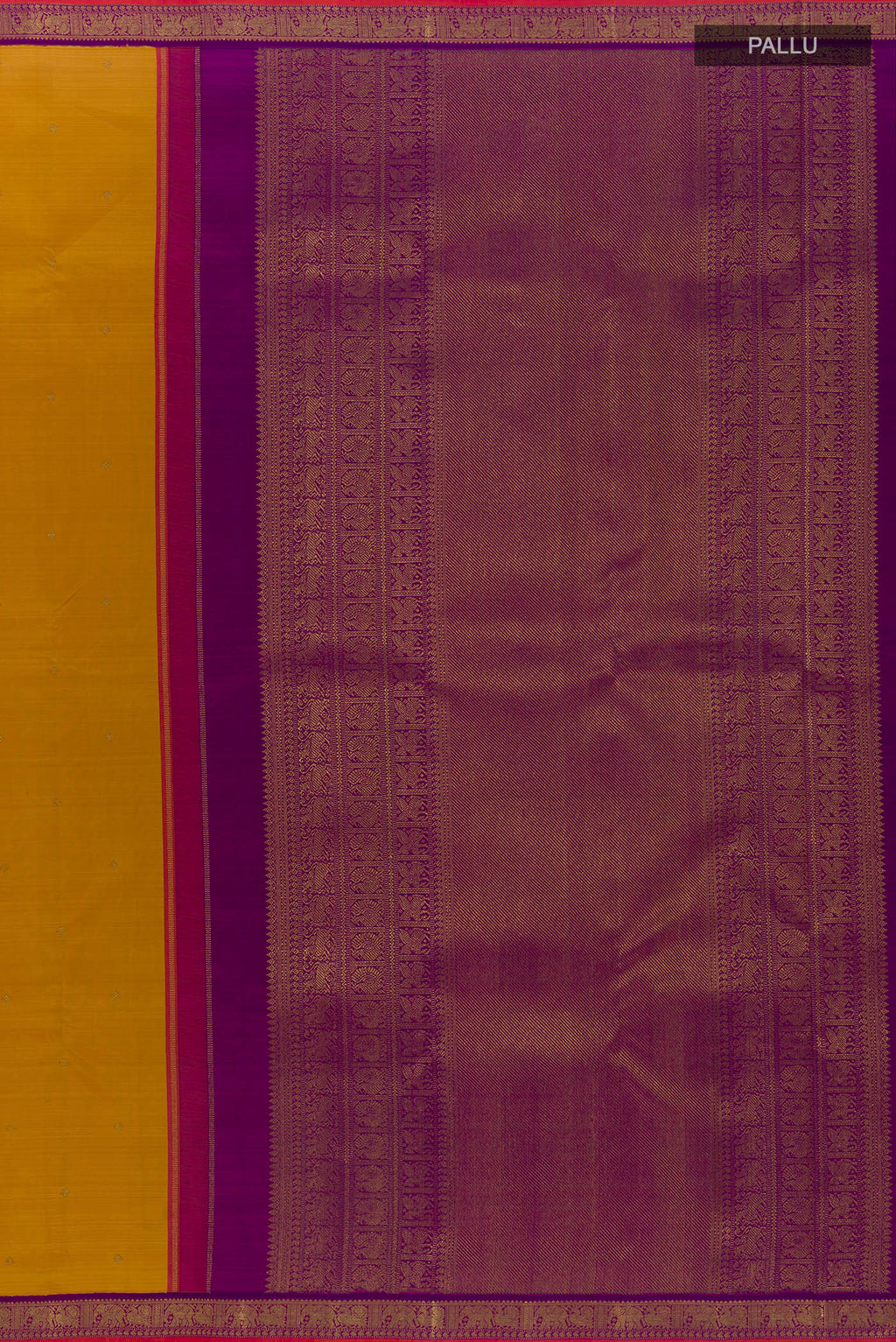 Close up image of the pallu of Pure Silk Pure Zari Mustard Kanjivaram Saree with Zari Butta on the body and Zari Border. 