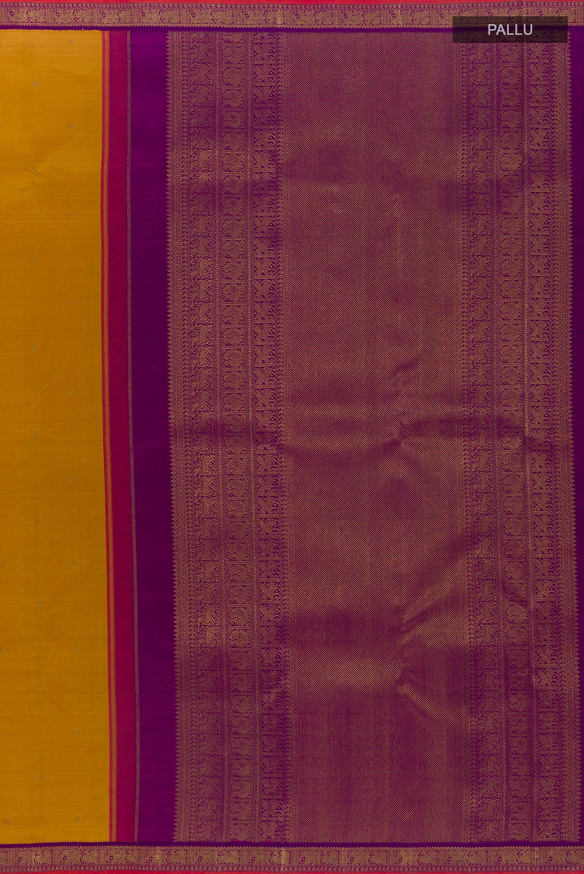 Close up image of the pallu of Pure Silk Pure Zari Mustard Kanjivaram Saree with Zari Butta on the body and Zari Border. 