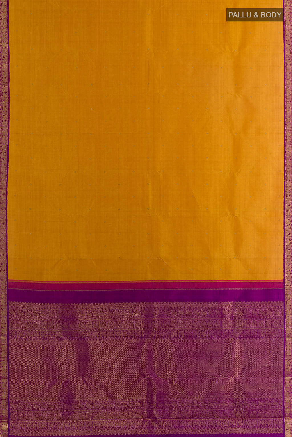 Flat view of Pure Silk Pure Zari Mustard Kanjivaram Saree with Zari Butta on the body and Zari Border. 