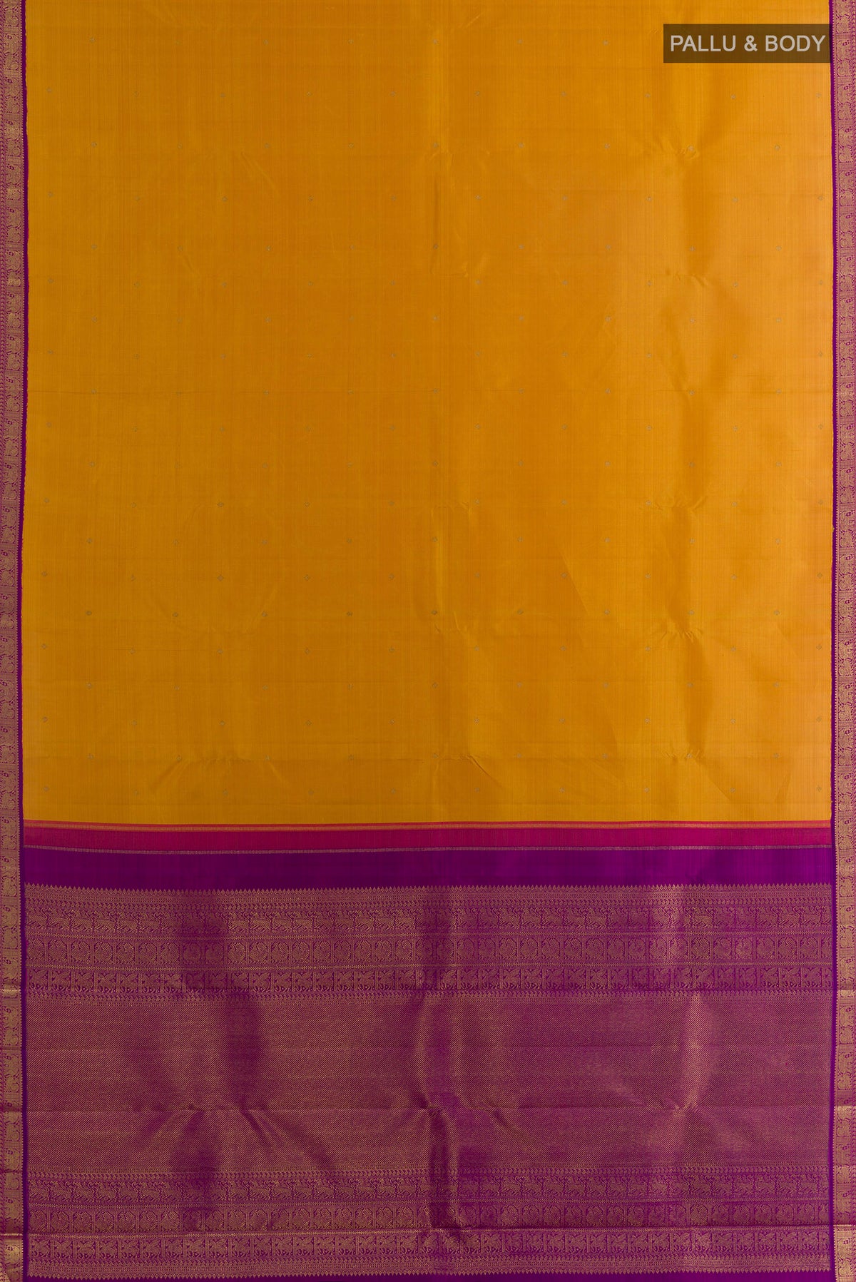 Flat view of Pure Silk Pure Zari Mustard Kanjivaram Saree with Zari Butta on the body and Zari Border. 