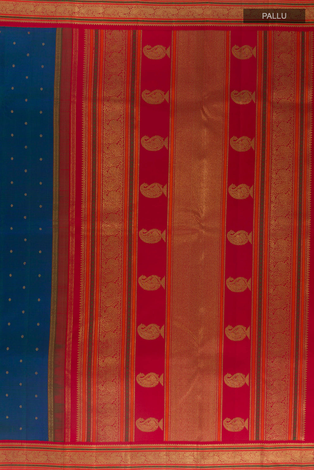 Close up image of the pallu of Pure Silk Pure Zari Blue Kanjivaram Saree with Zari Butta on the body and Zari Border. 