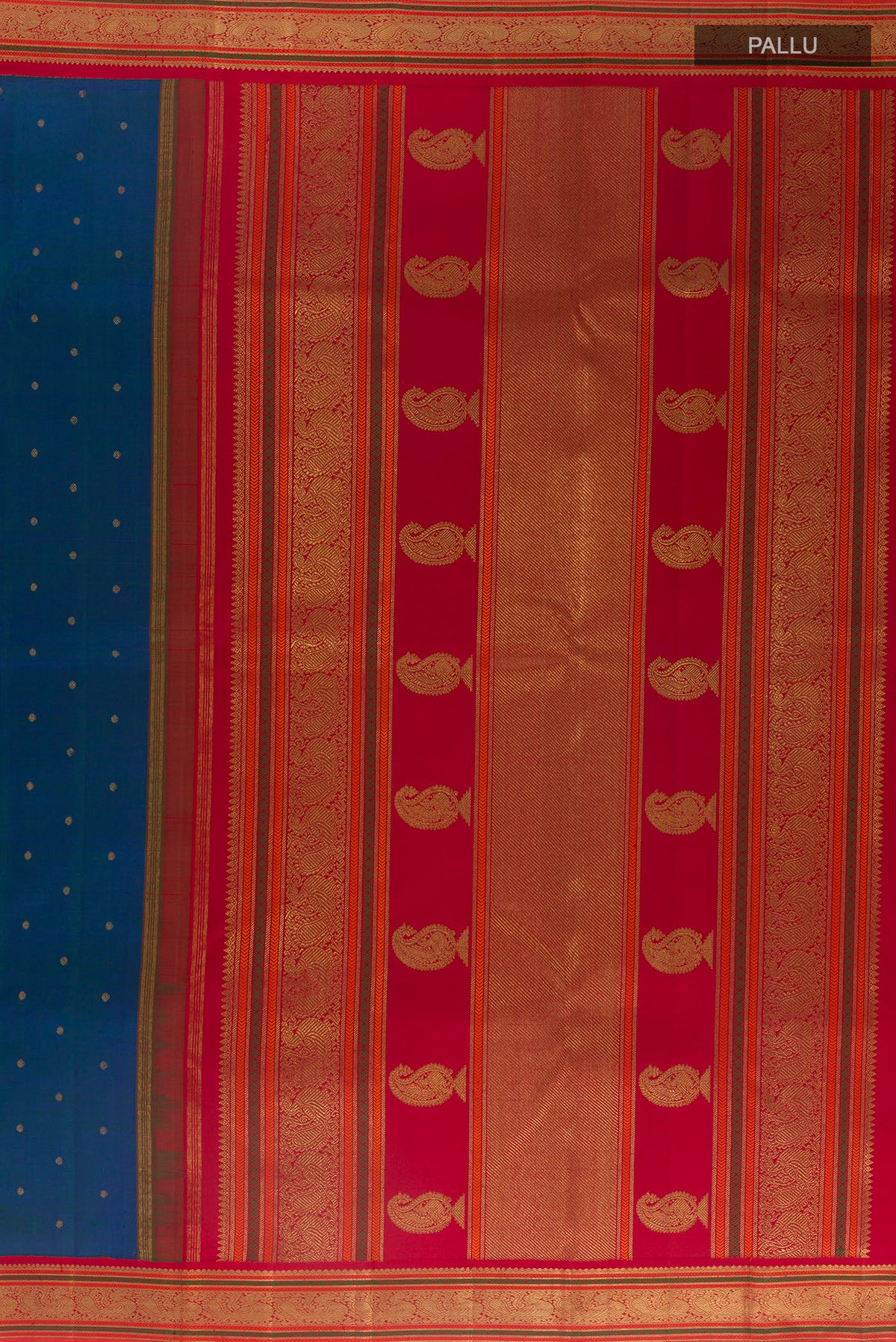 Close up image of the pallu of Pure Silk Pure Zari Blue Kanjivaram Saree with Zari Butta on the body and Zari Border. 