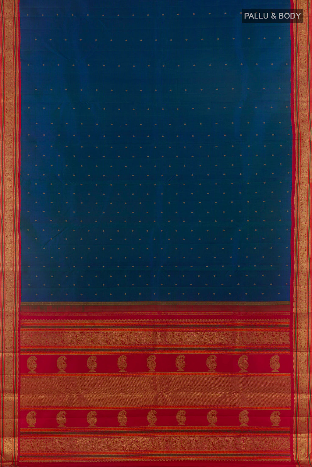 Flat view of Pure Silk Pure Zari Blue Kanjivaram Saree with Zari Butta on the body and Zari Border. 