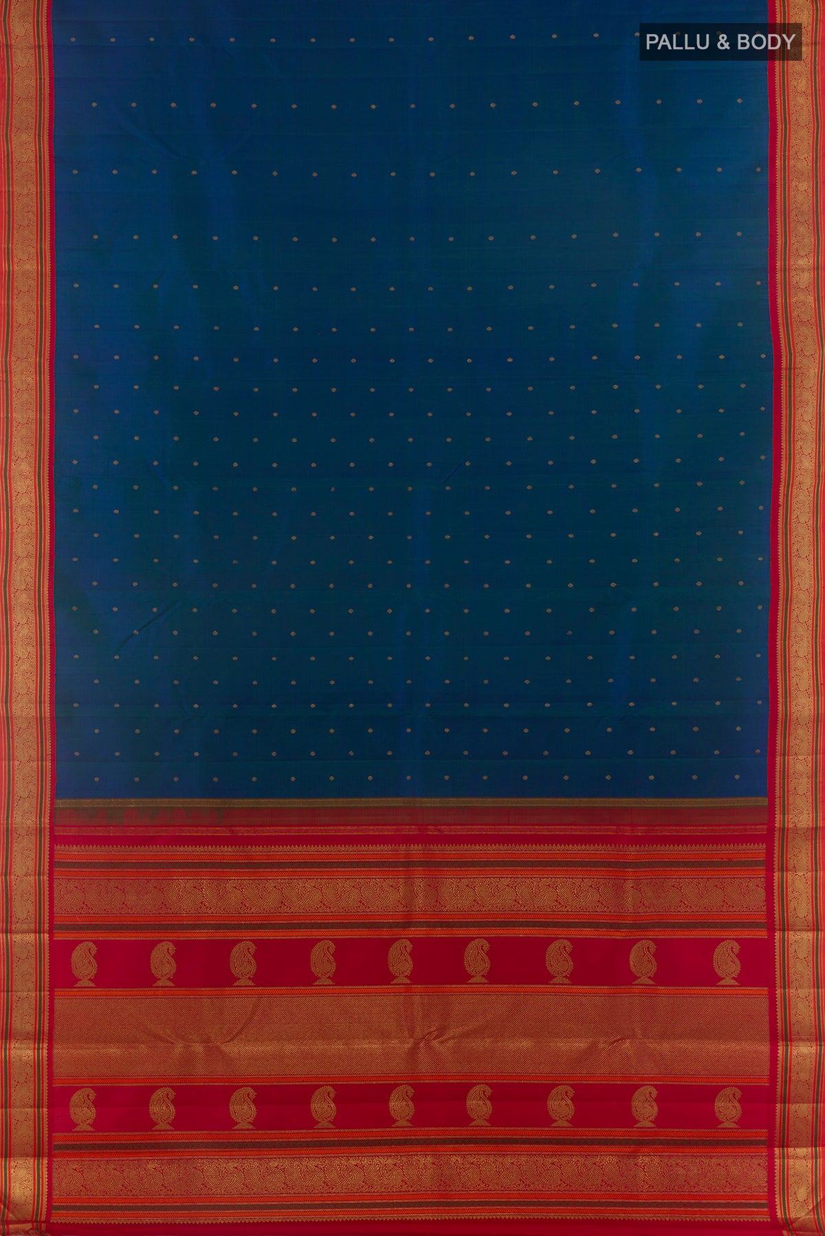 Flat view of Pure Silk Pure Zari Blue Kanjivaram Saree with Zari Butta on the body and Zari Border. 