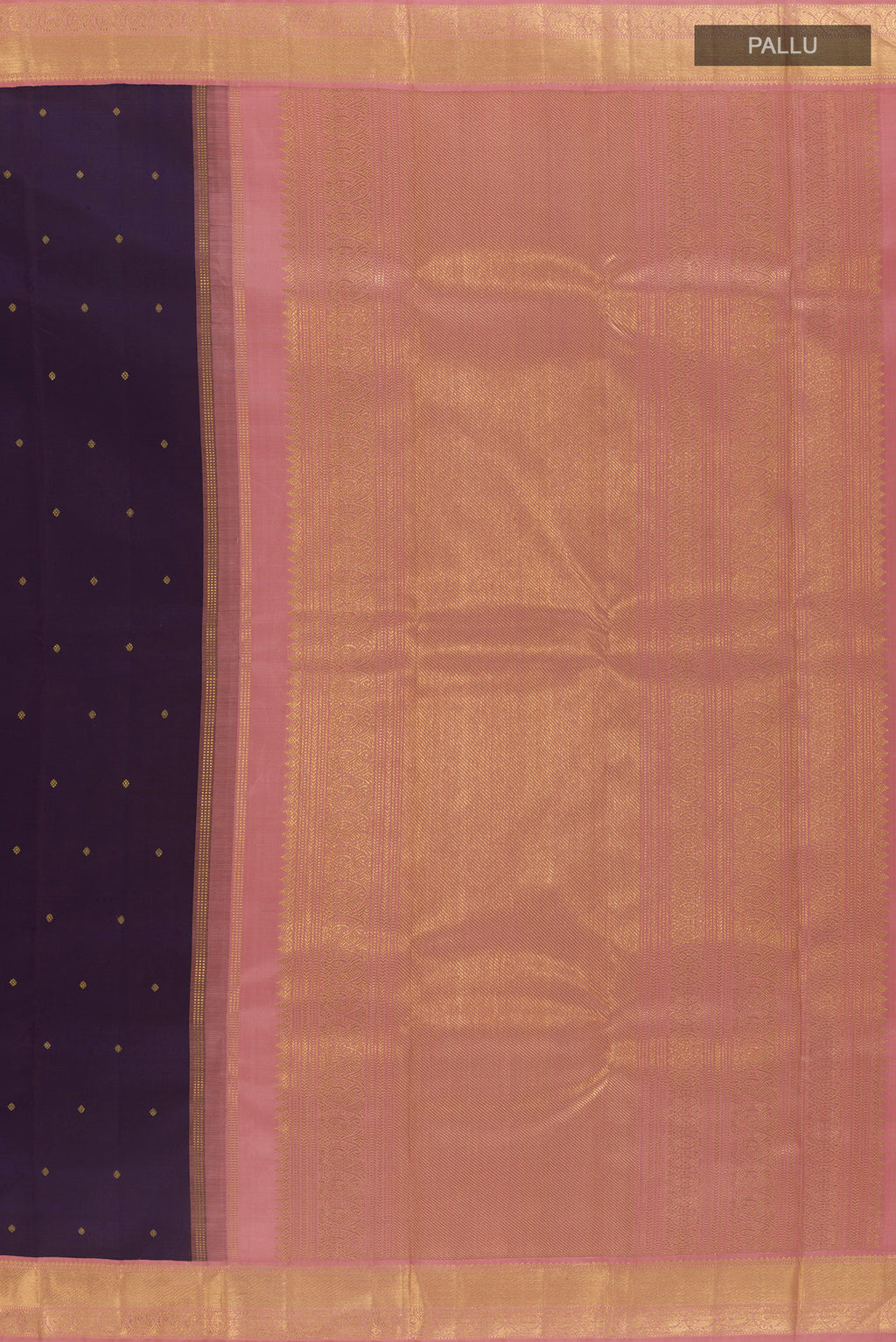 Close up image of the pallu of Pure Silk Pure Zari Navy Blue Kanjivaram Saree with Zari Butta on the body and Zari Border. 