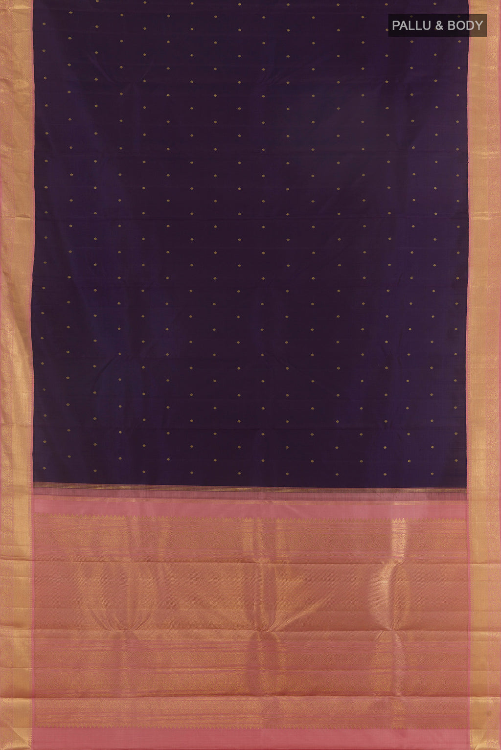 Flat view of Pure Silk Pure Zari Navy Blue Kanjivaram Saree with Zari Butta on the body and Zari Border. 