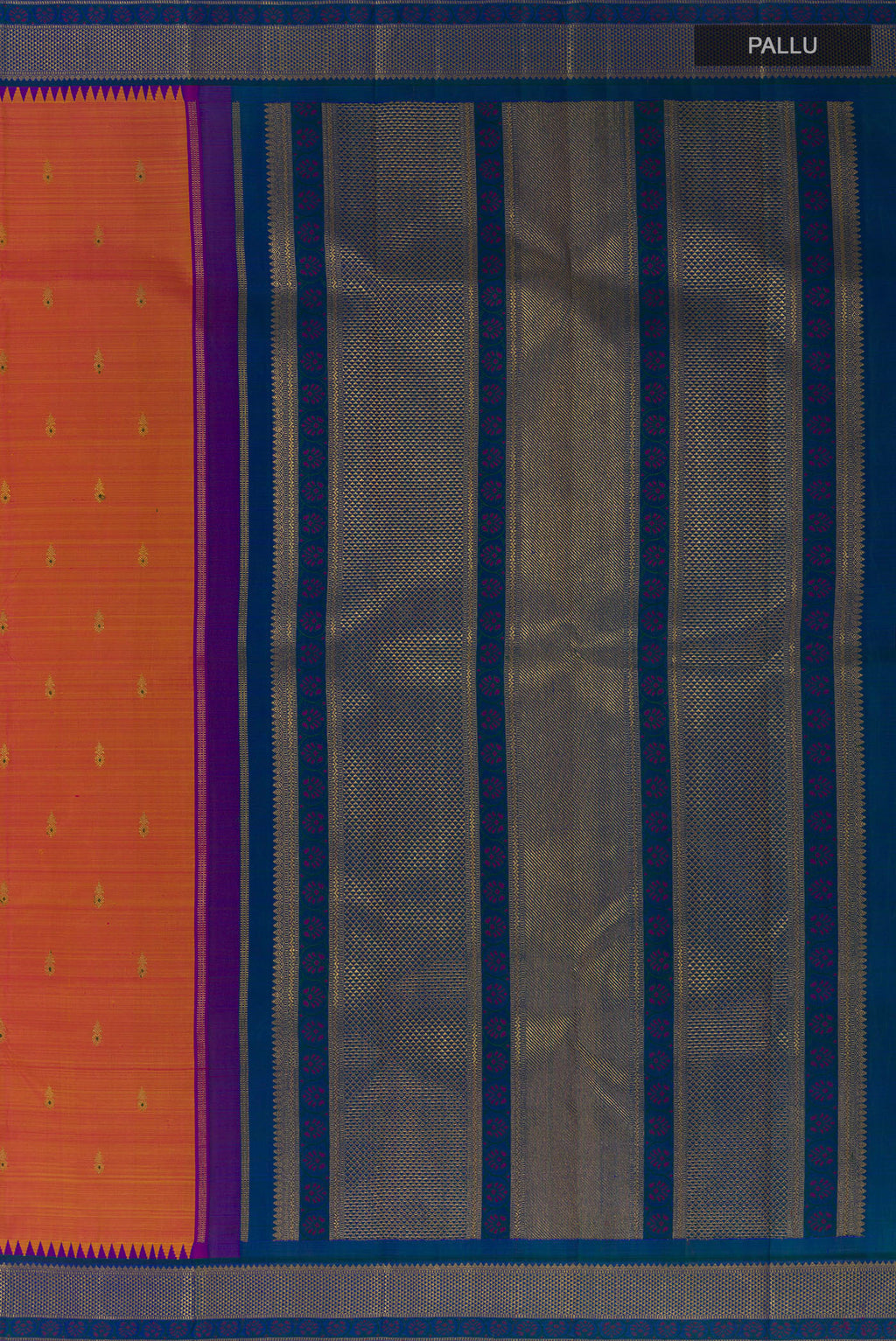 Close up image of the pallu of Pure Silk Pure Zari Peach Kanjivaram Saree with Zari Butta on the body and Zari Border. 
