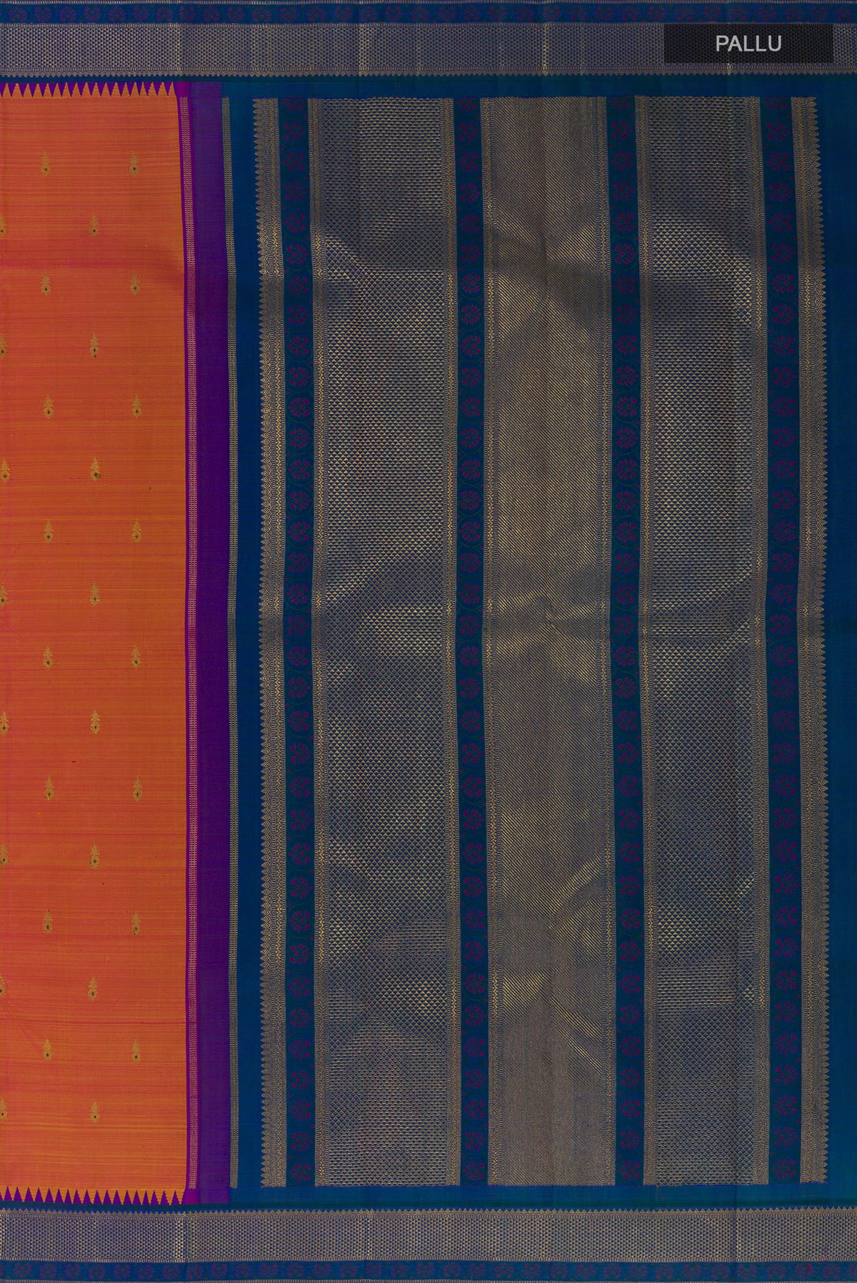 Close up image of the pallu of Pure Silk Pure Zari Peach Kanjivaram Saree with Zari Butta on the body and Zari Border. 