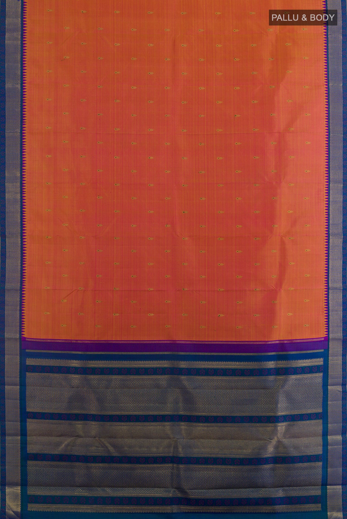 Flat view of Pure Silk Pure Zari Peach Kanjivaram Saree with Zari Butta on the body and Zari Border. 
