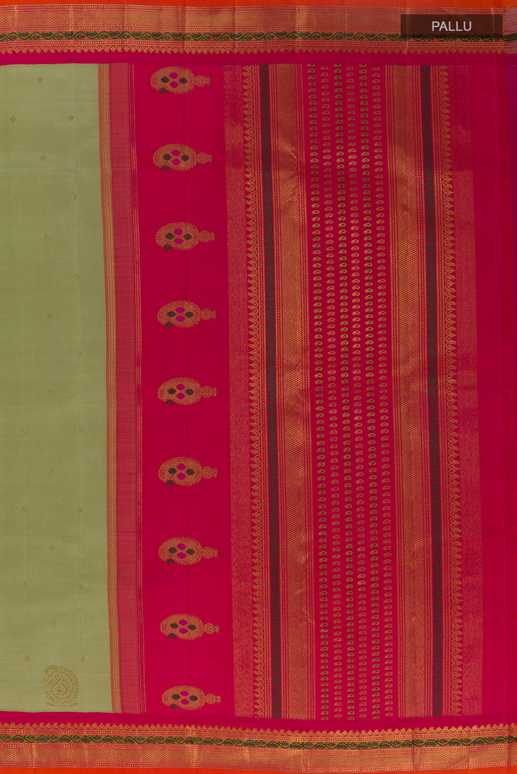 Close up image of the pallu of Pure Silk Pure Zari Sage Green Kanjivaram Saree with Zari Butta on the body and Zari Border. 
