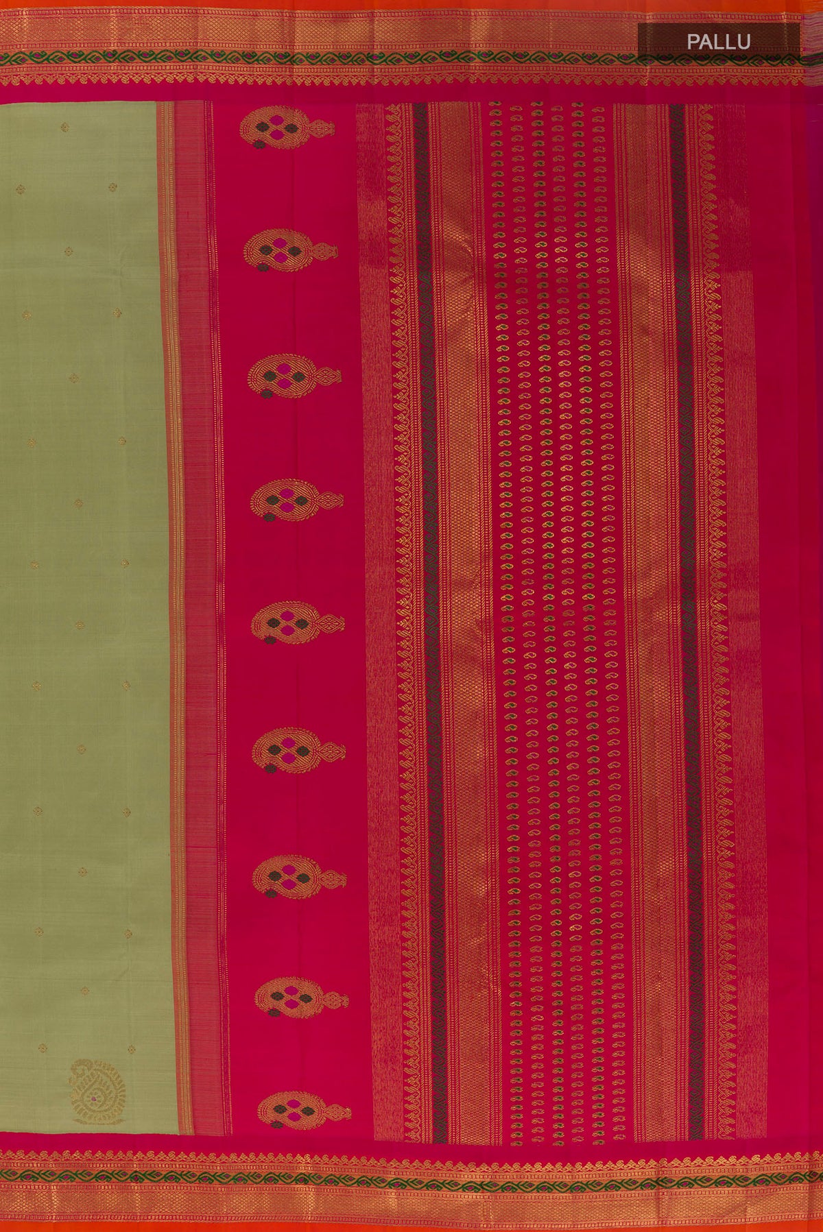 Close up image of the pallu of Pure Silk Pure Zari Sage Green Kanjivaram Saree with Zari Butta on the body and Zari Border. 