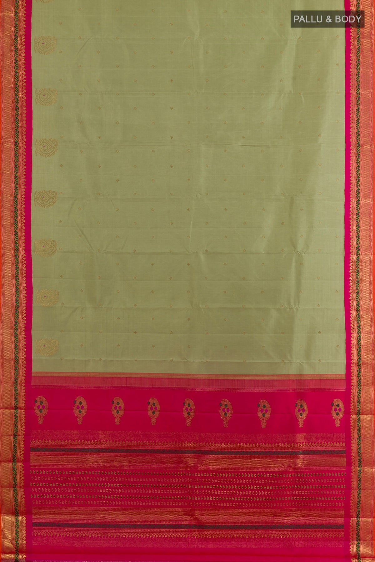 Flat view of Pure Silk Pure Zari Sage Green Kanjivaram Saree with Zari Butta on the body and Zari Border. 