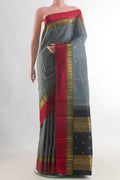 Pure Silk Pure Zari Grey Kanjivaram Saree with Zari Butta on the body and Zari Border.  displayed on a mannequin