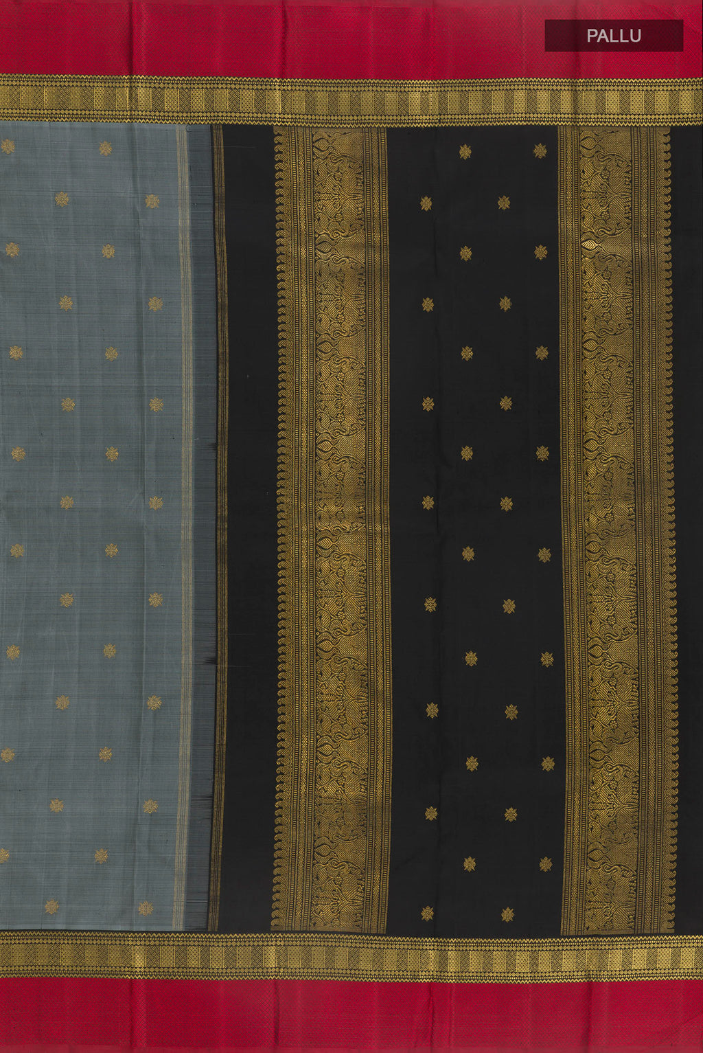 Close up image of the pallu of Pure Silk Pure Zari Grey Kanjivaram Saree with Zari Butta on the body and Zari Border. 