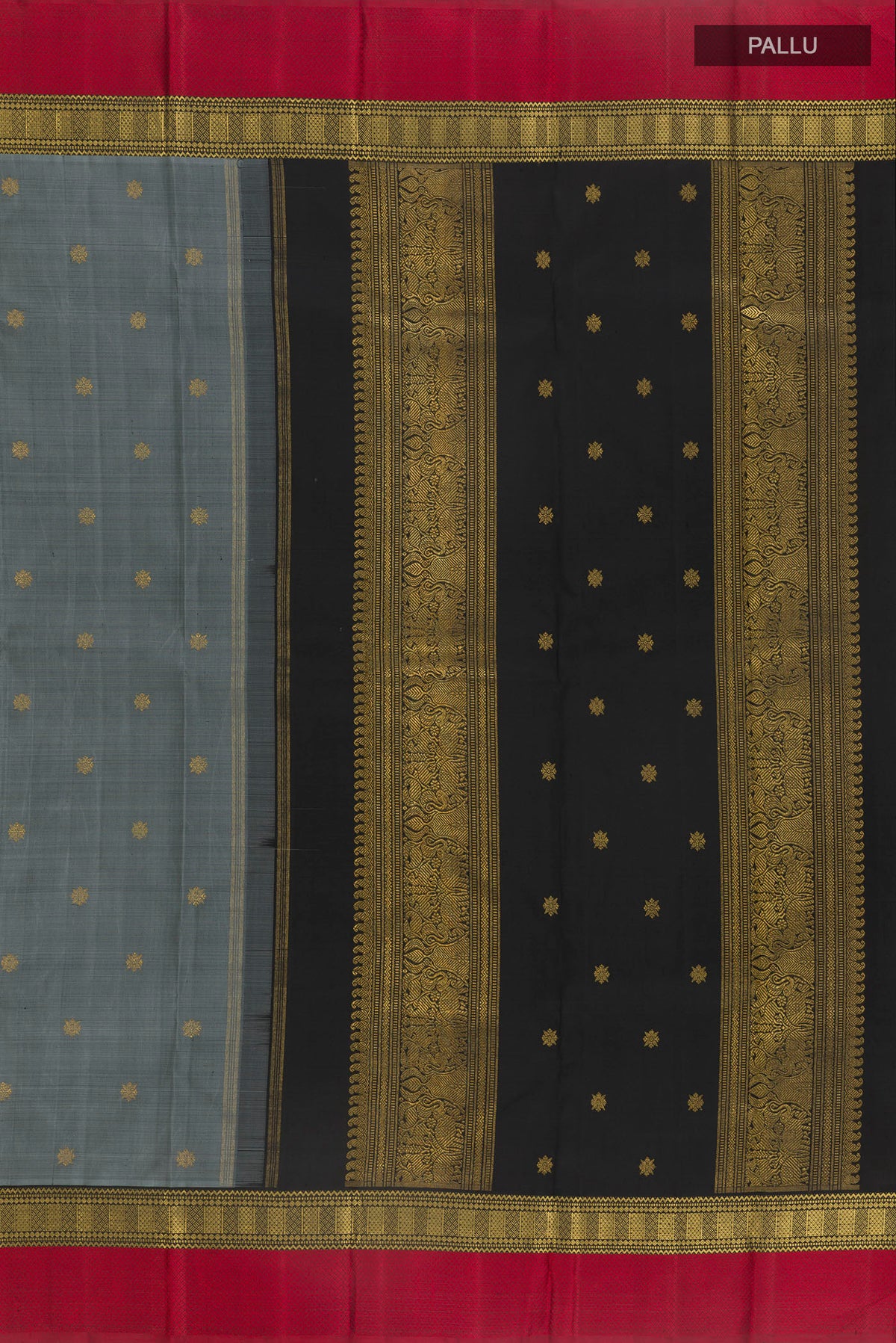 Close up image of the pallu of Pure Silk Pure Zari Grey Kanjivaram Saree with Zari Butta on the body and Zari Border. 