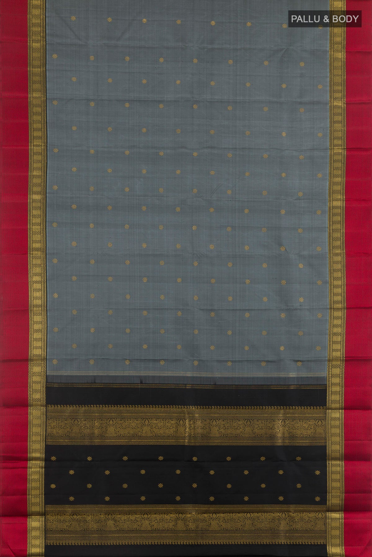 Flat view of Pure Silk Pure Zari Grey Kanjivaram Saree with Zari Butta on the body and Zari Border. 