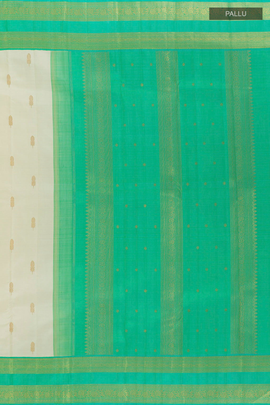 Close up image of the pallu of Pure Silk Pure Zari Off White Kanjivaram Saree with Zari Butta on the body and Zari Border. 