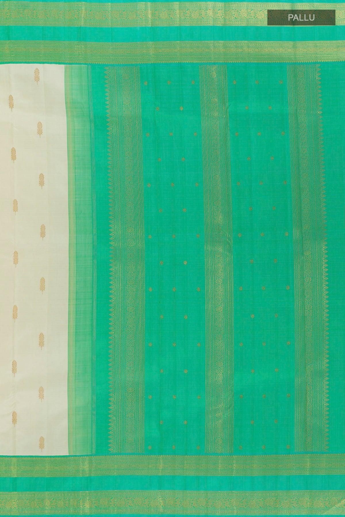 Close up image of the pallu of Pure Silk Pure Zari Off White Kanjivaram Saree with Zari Butta on the body and Zari Border. 